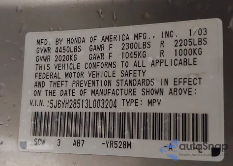 2003 Honda Element Ex z USA, uszkodzony, nr VIN 5J6YH28513L003204